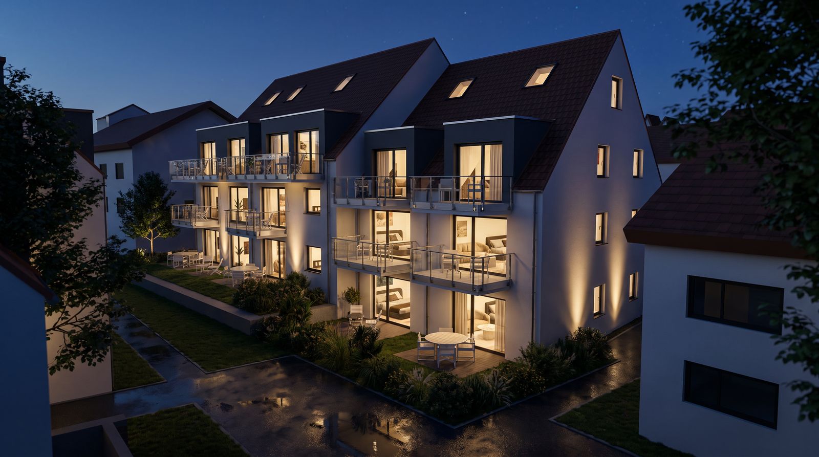 Visualisierung der Gartenseite von Airport Living Stuttgart am Abend